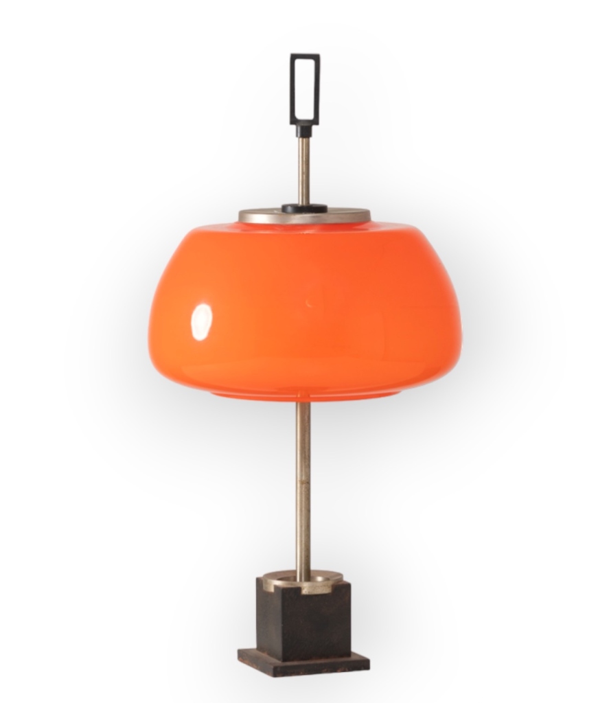 Oscar Torlasco, orange glass table / desk lamp, Prod. Lumi, 1960 ca.