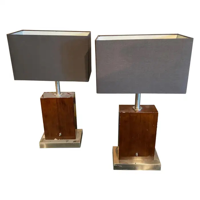 Set of Two 1980s Modernist Wood and Metal Italian Table Lamps