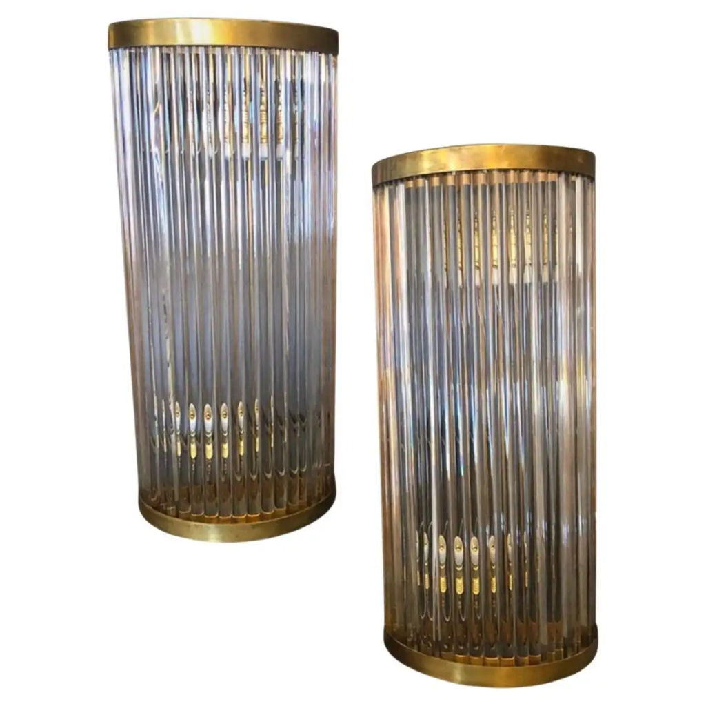 1980s Set of Two Mid-Century Modern Brass and Glass Italian Wall Sconces