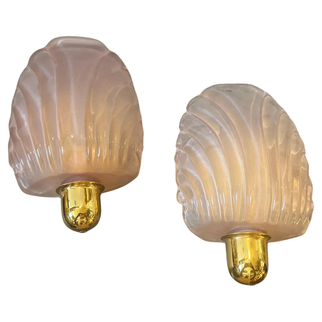 1980s Mid-century Modern Brass and Shell Shaped Pink Murano Glass Wall Sconces