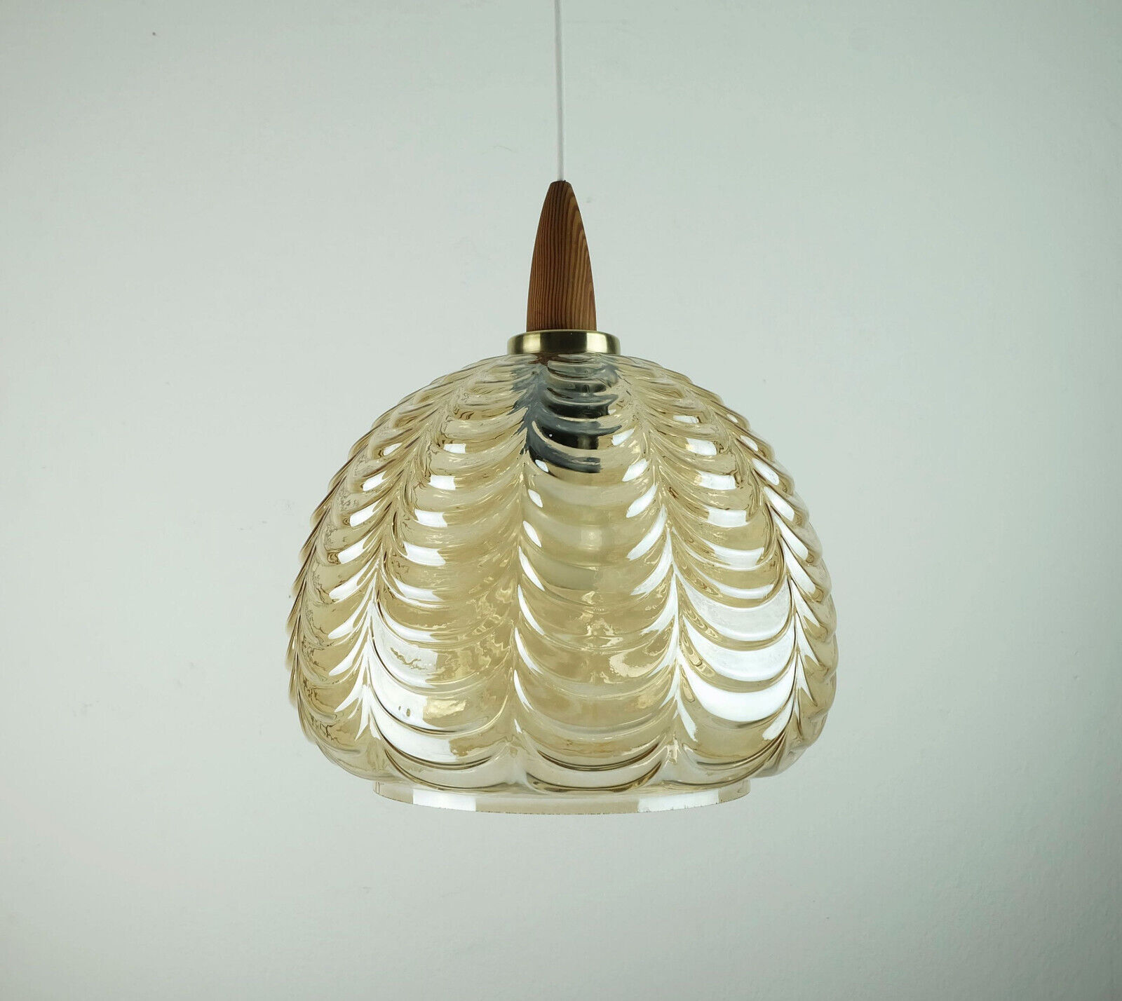 1960’s mid century PENDANT LIGHT amber glass brass wood
