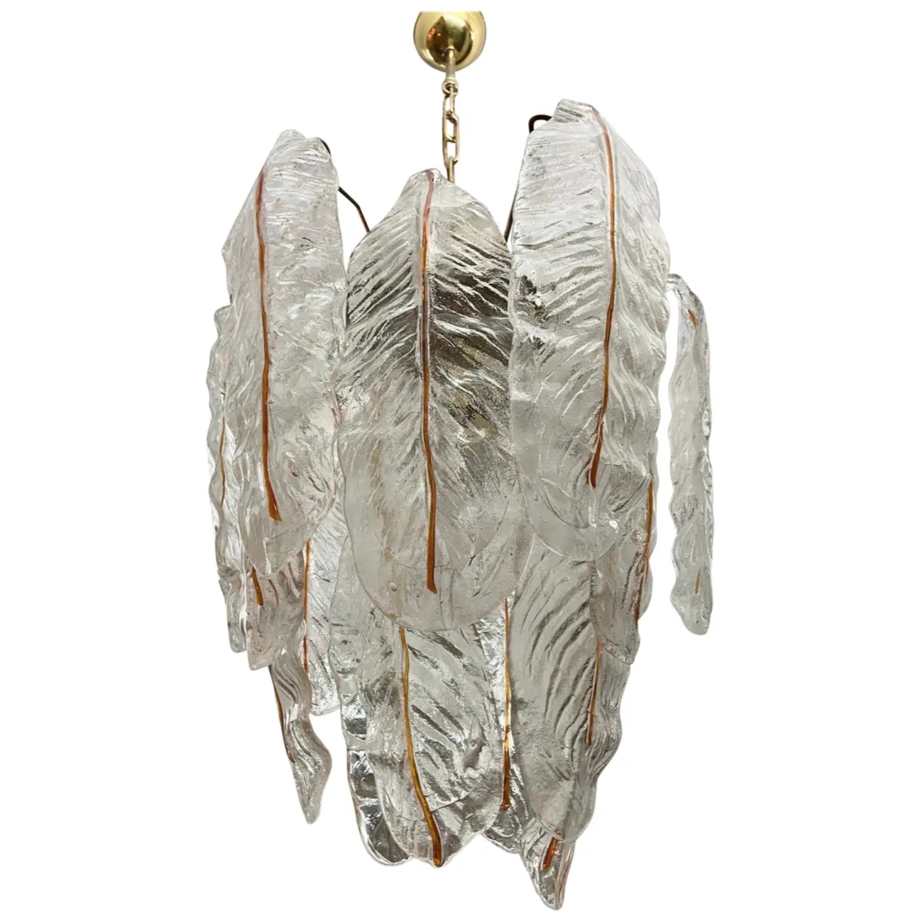 1970s Mid-Century Modern White and Brown Murano Glass Leaves Chandelier