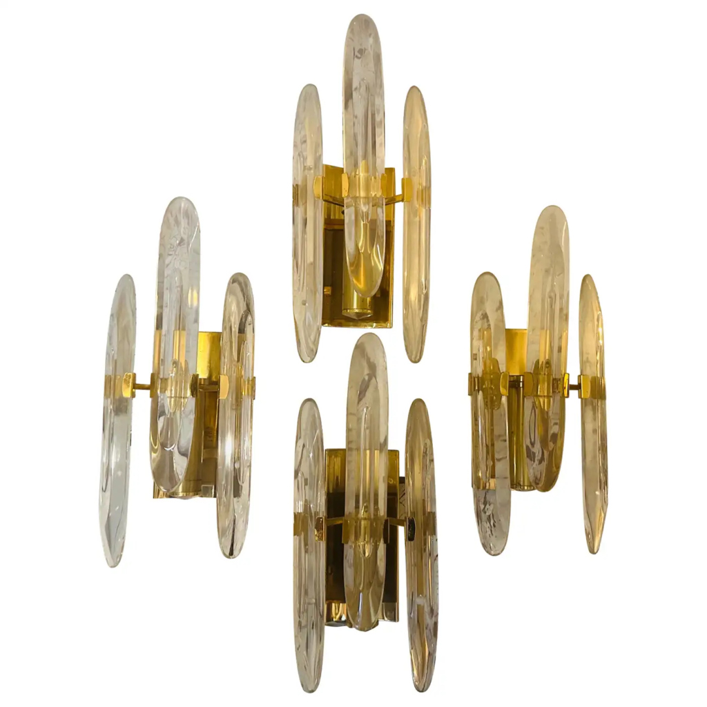 Four 1960s Mid-Century Modern Brass and Glass Wall Sconces By Gaetano Sciolari