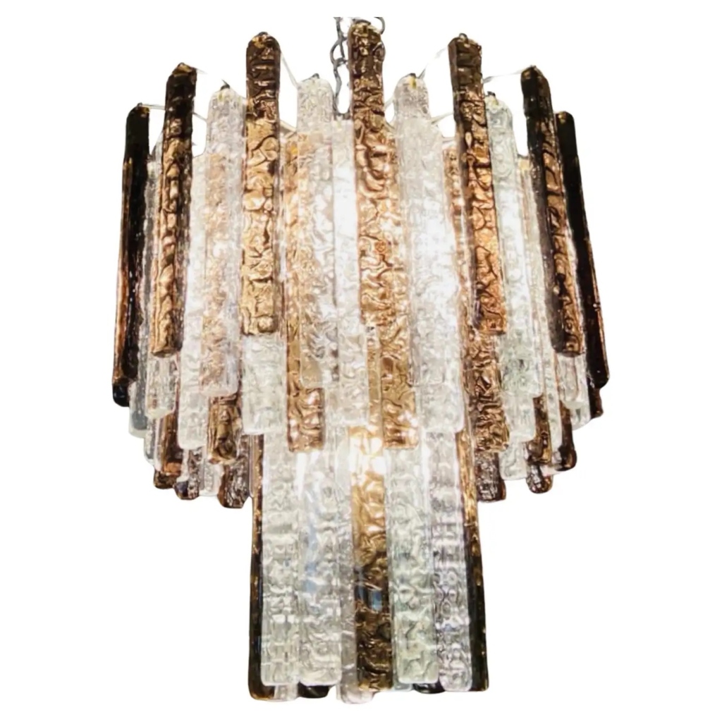 1960s Mazzega Mid-Century Modern Brown and White Murano Glass Cascade Chandelier