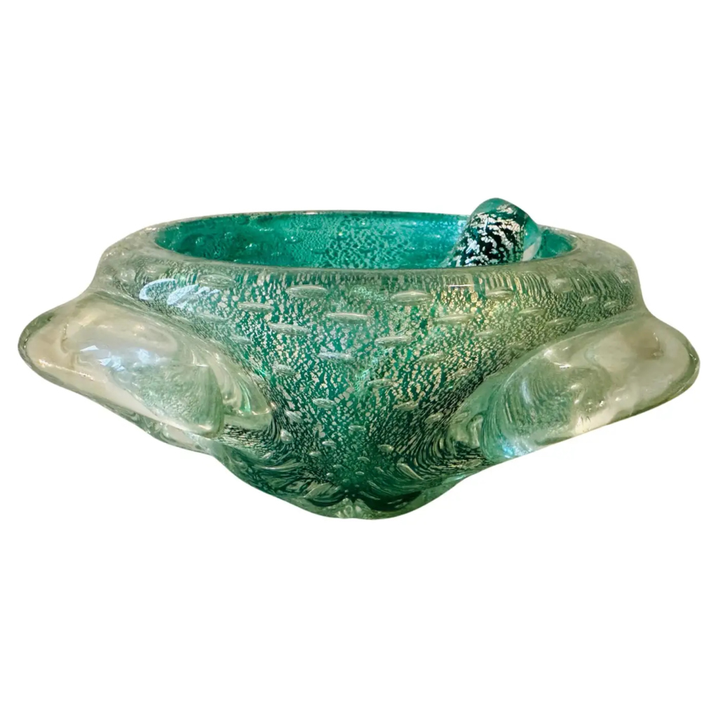 1960s Barovier Style Green and Gold Bullicante Murano Glass Ashtray and Pestle