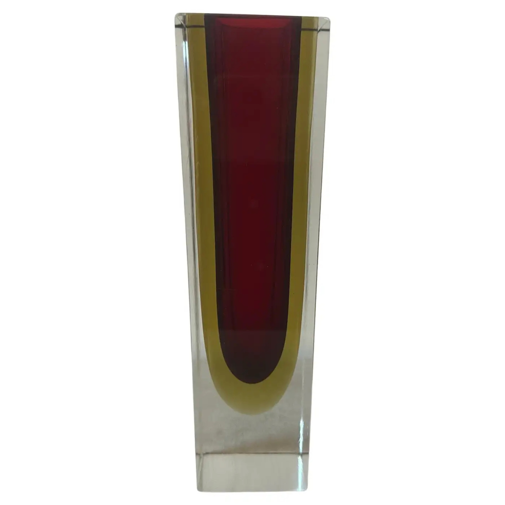 1960s, Modernist Red and Yellow Sommerso Murano Glass Square Vase by Seguso