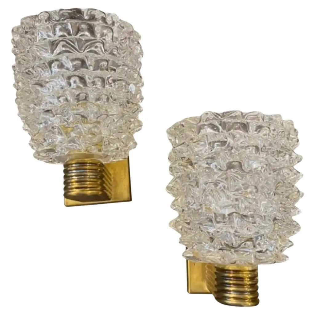 Two 1980 Barovier Style Mid-Century Modern Brass and Rostrato Glass Wall Sconces